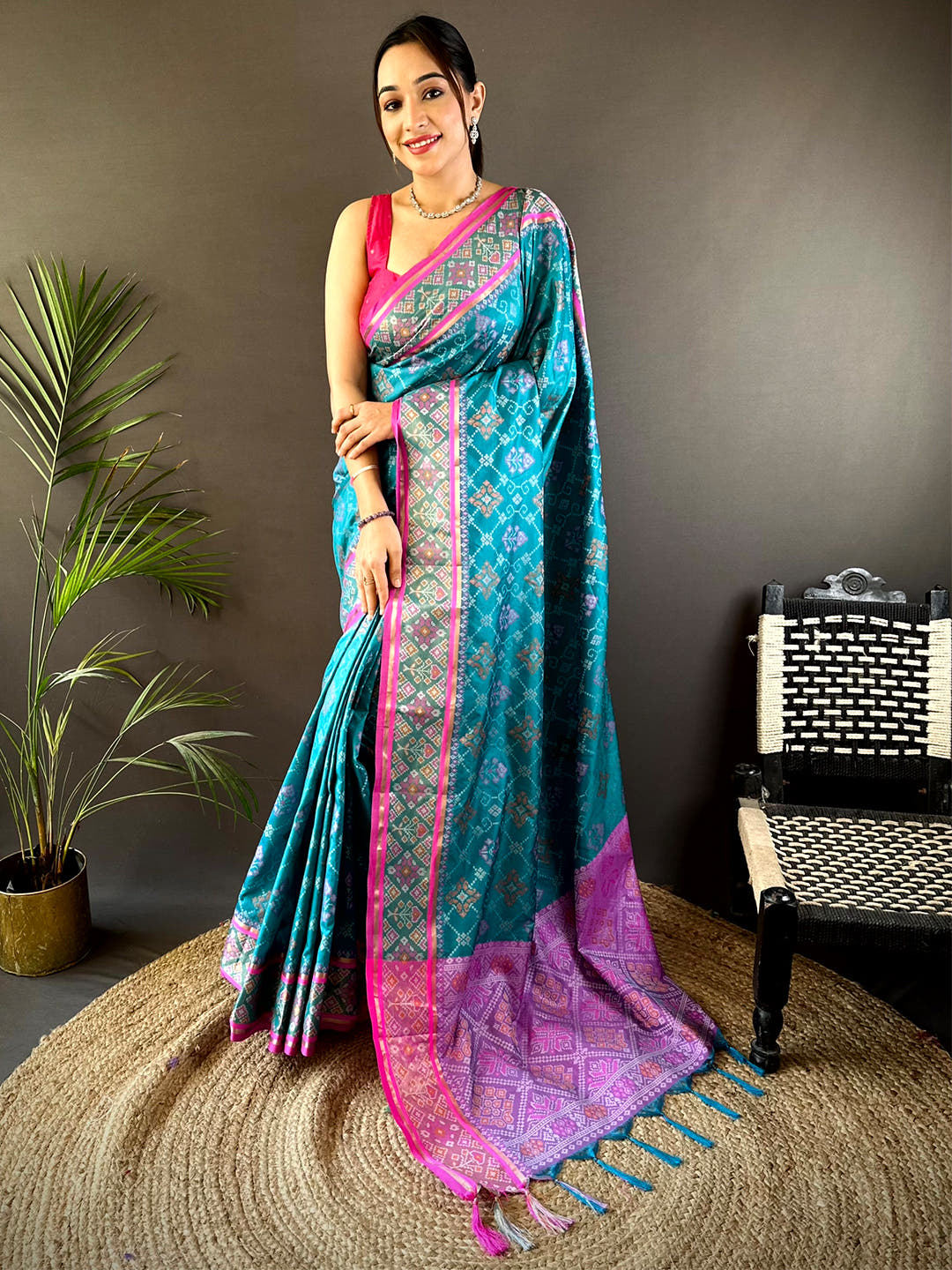 Sky Blue Pochampally Patola Soft Silk Saree With Maggam Blouse