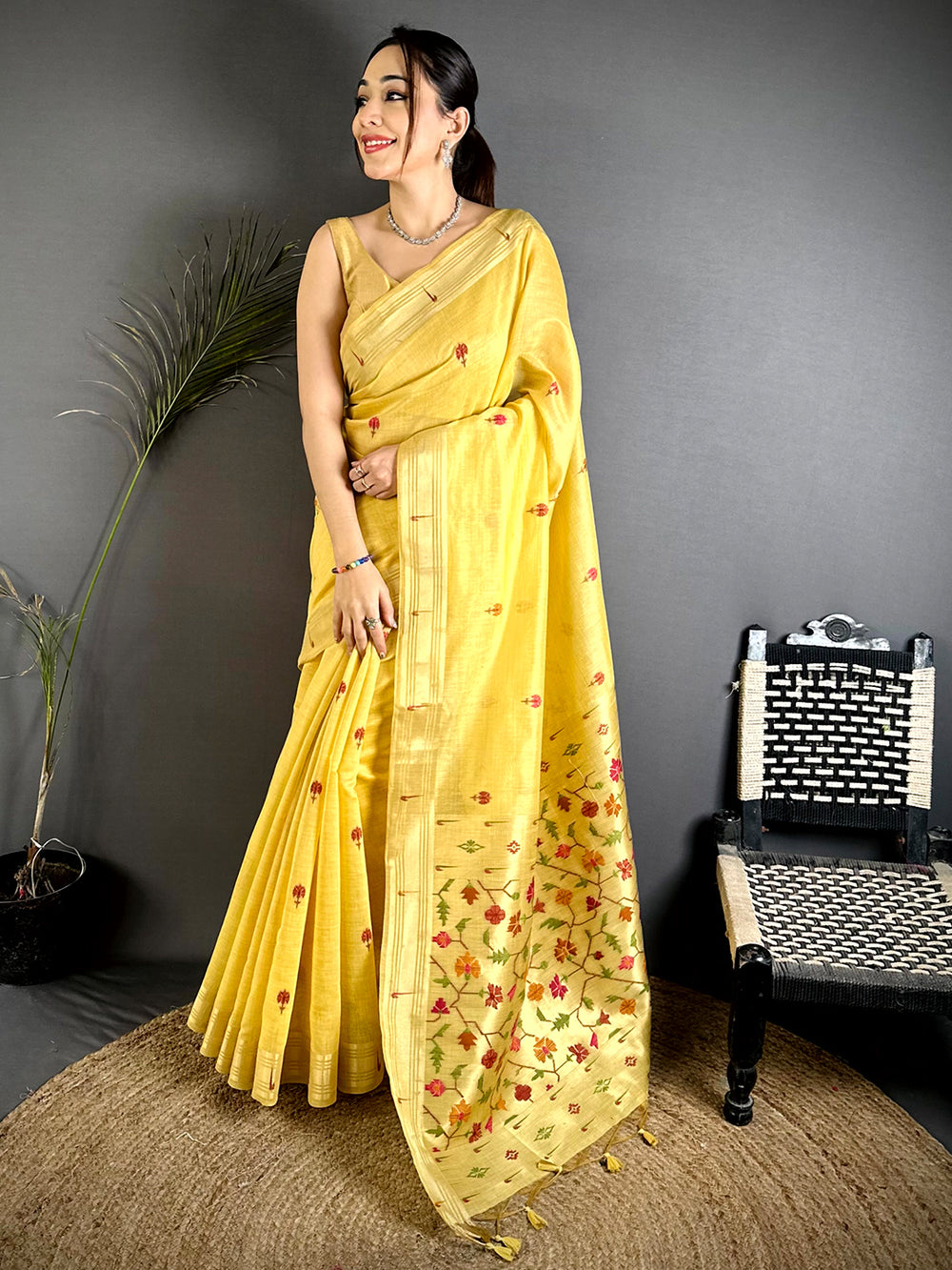 Yellow Geometric Patola Khadi Linen Saree
