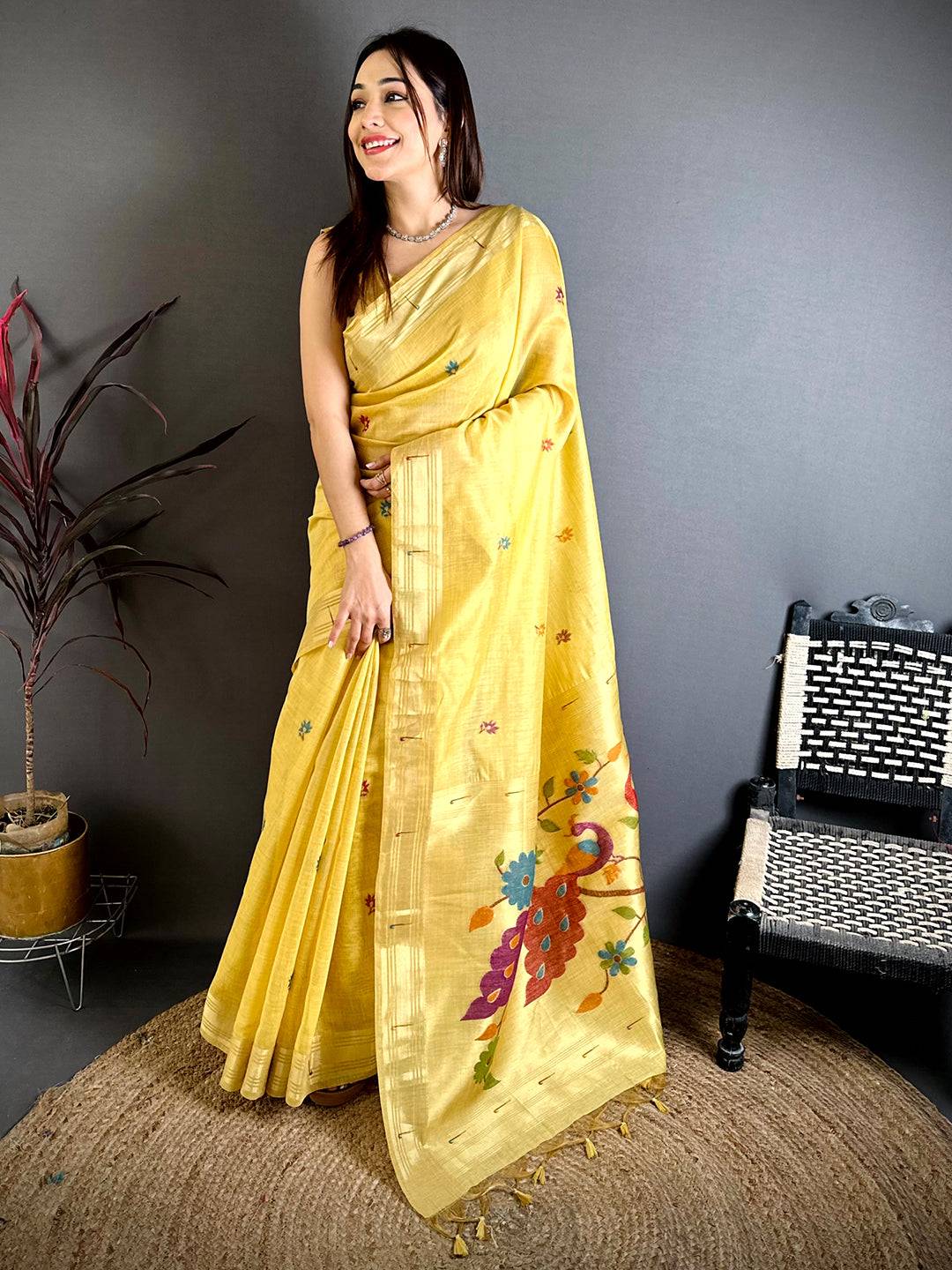 Yellow Munia Minakari Khadi Saree 