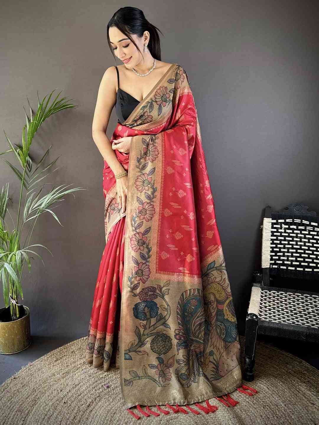 Red Soft Silk Kalamkari Printed Pallu Saree