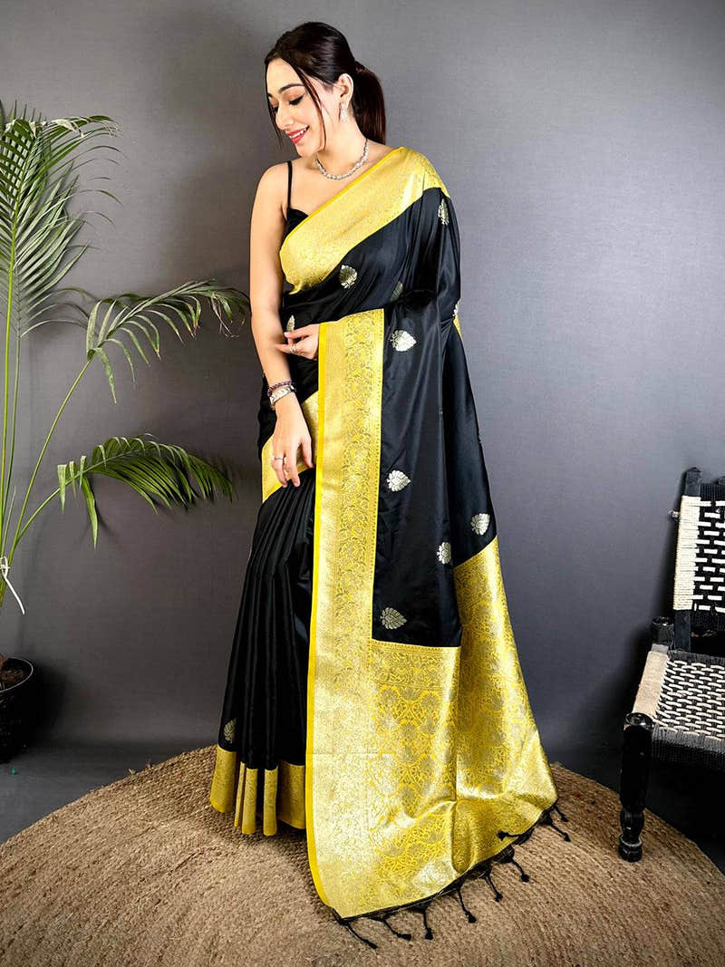Black Gadwal Weave Soft Silk Saree With Maggam Blouse