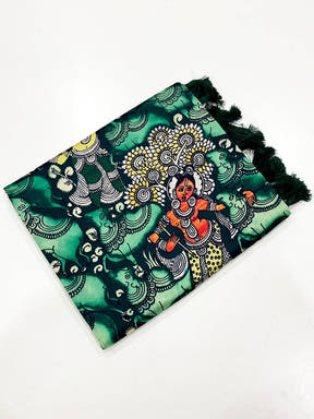 Bottle Green Kalamkari Printed Banarasi Saree