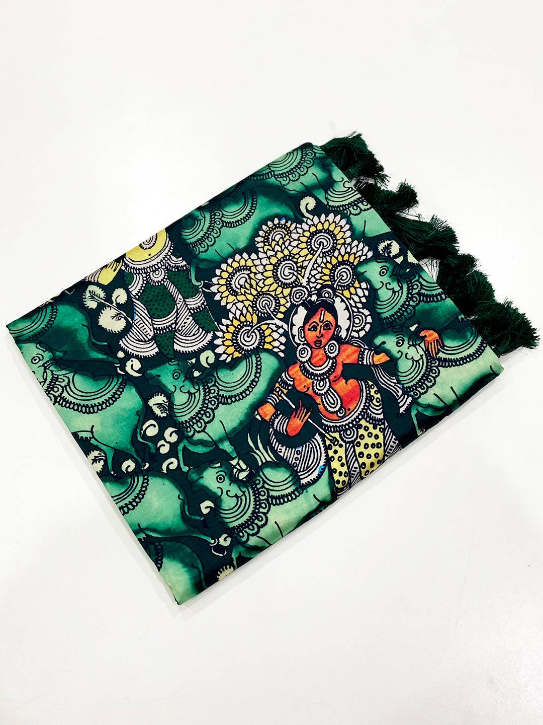 Bottle Green Kalamkari Printed Banarasi Saree