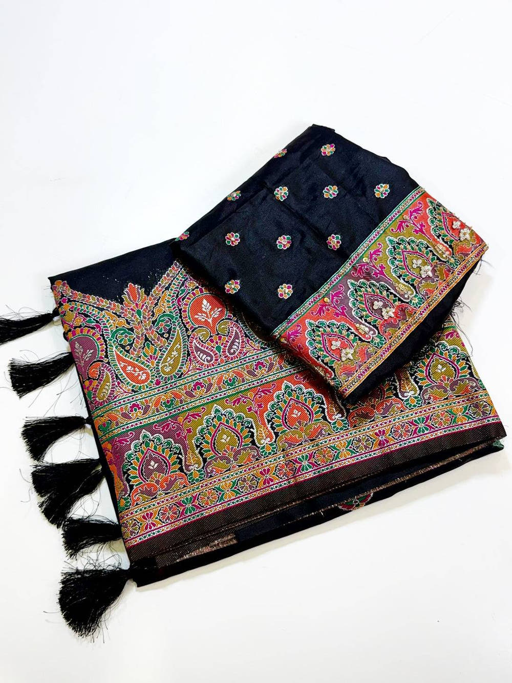 Black Ethnic Motif Silk Blend Saree With Maggam Blouse
