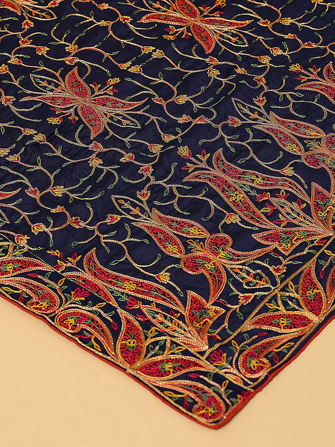 Close-up of navy chiffon dupatta's threadwork details.