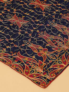 Close-up of navy chiffon dupatta's threadwork details.