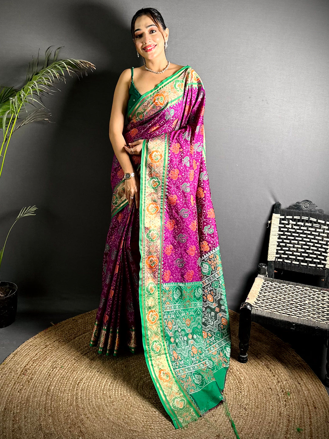 Elegant Wine Pochampally Patola Silk Saree