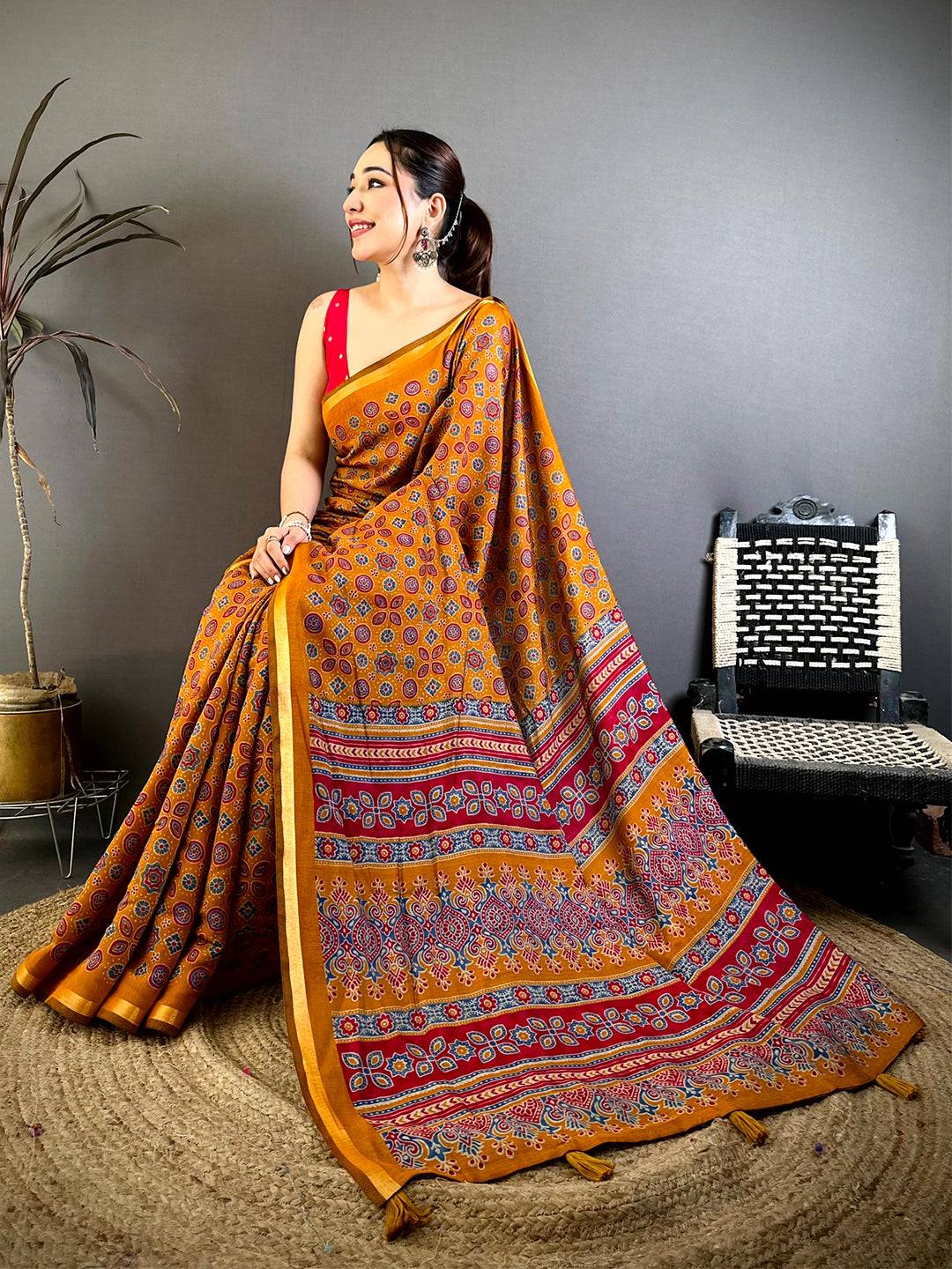 Mustard Mul Cotton Ajrak Vintage Print Saree