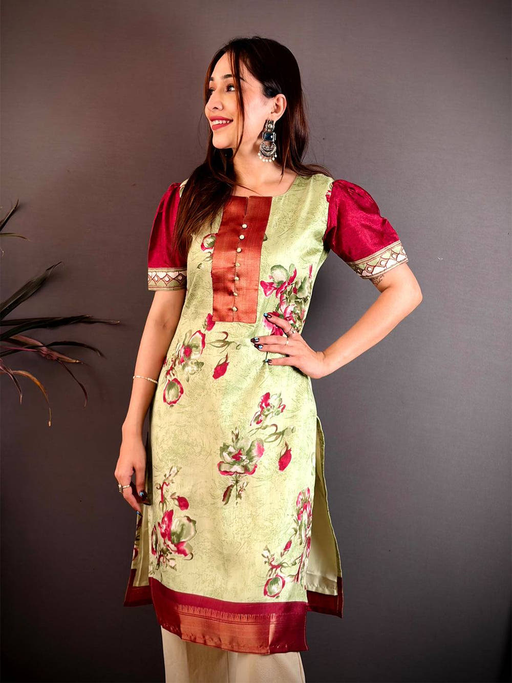 Radiant Round Neck Soft Dola Silk Kurti