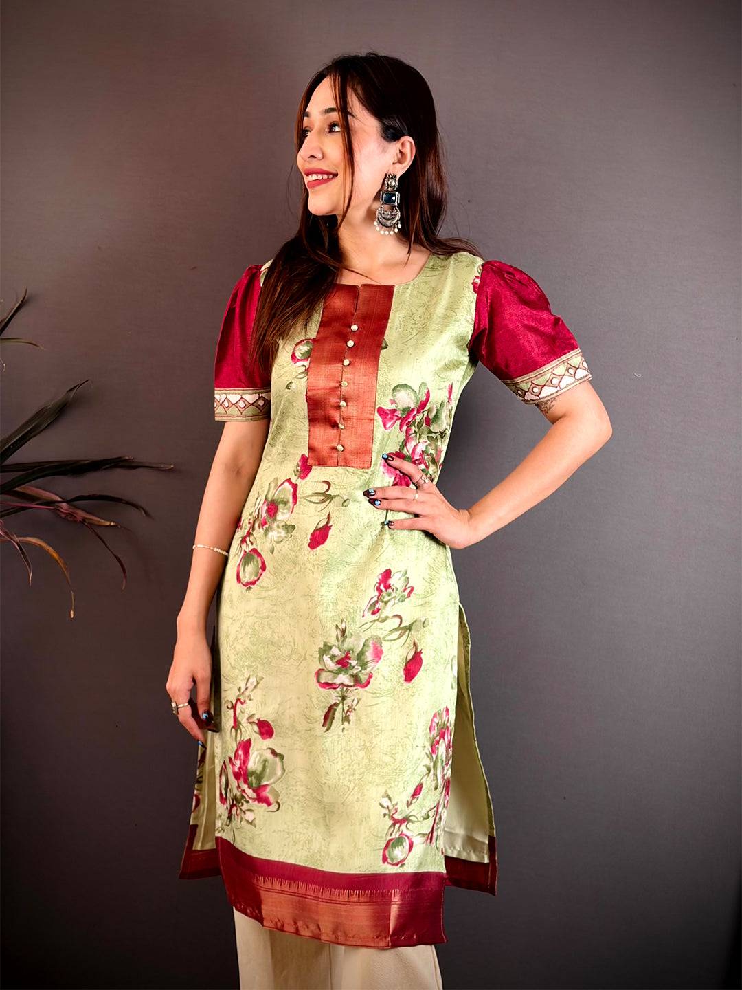 Radiant Round Neck Soft Dola Silk Kurti