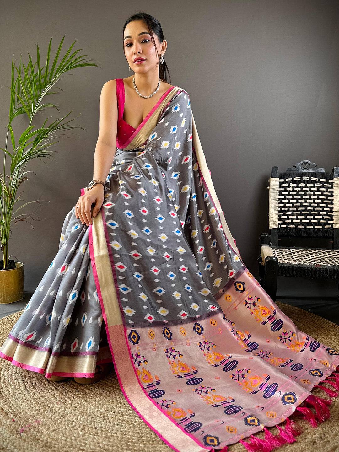 Grey Ikkat Paithani Soft Silk Saree