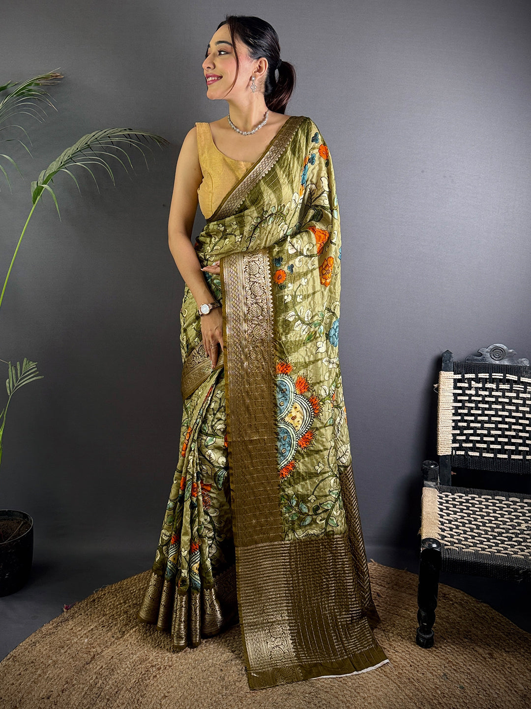 Olive Pure Viscose Mandala Printed Saree