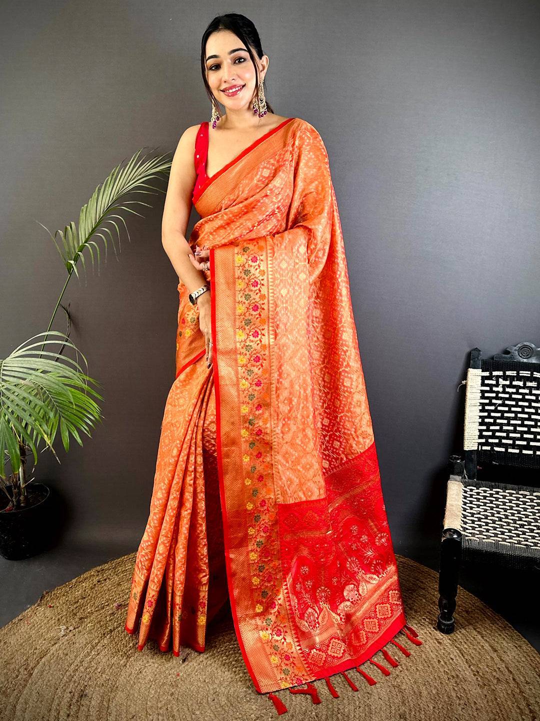 Peach Banarasi Minakari Katan Silk Saree

