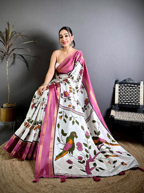 Pink Soft Dola Floral Print Gadwal Border Saree