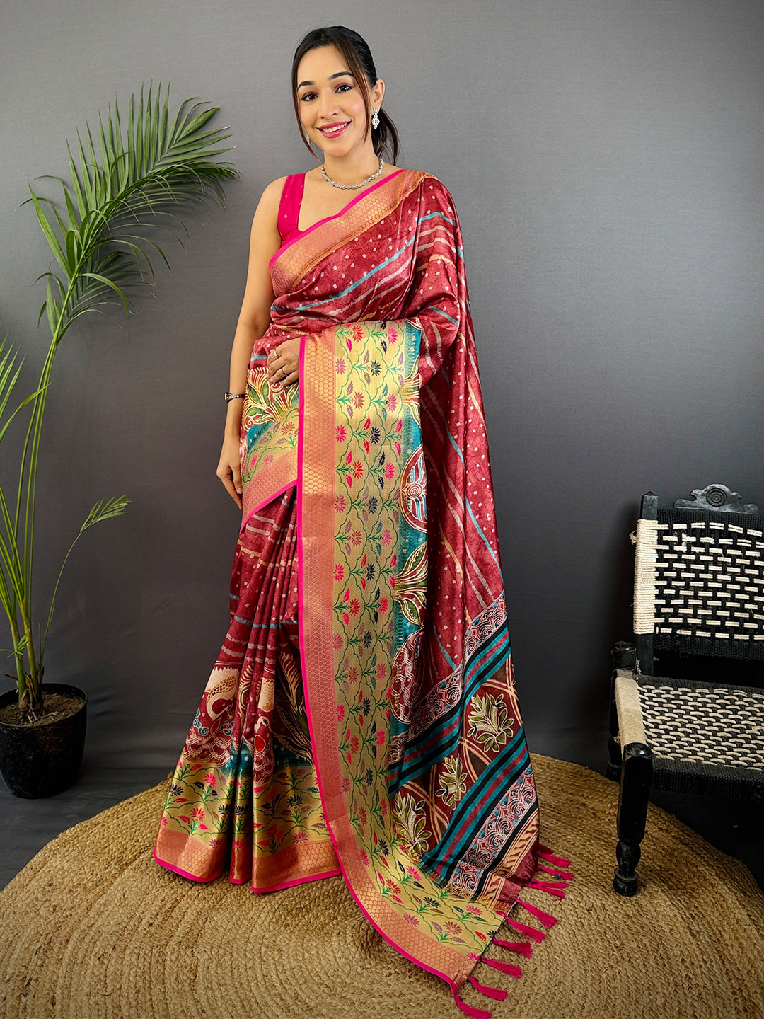 Maroon Freehand Digital Print Soft Silk Saree