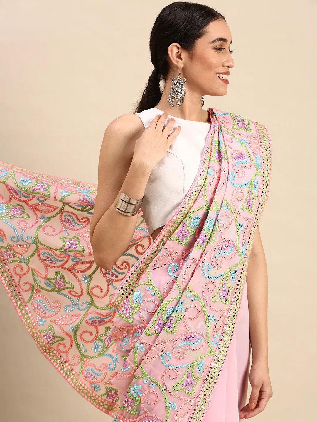 Pink Colour Stylish Embellished Satin Saree with Mirror Work
