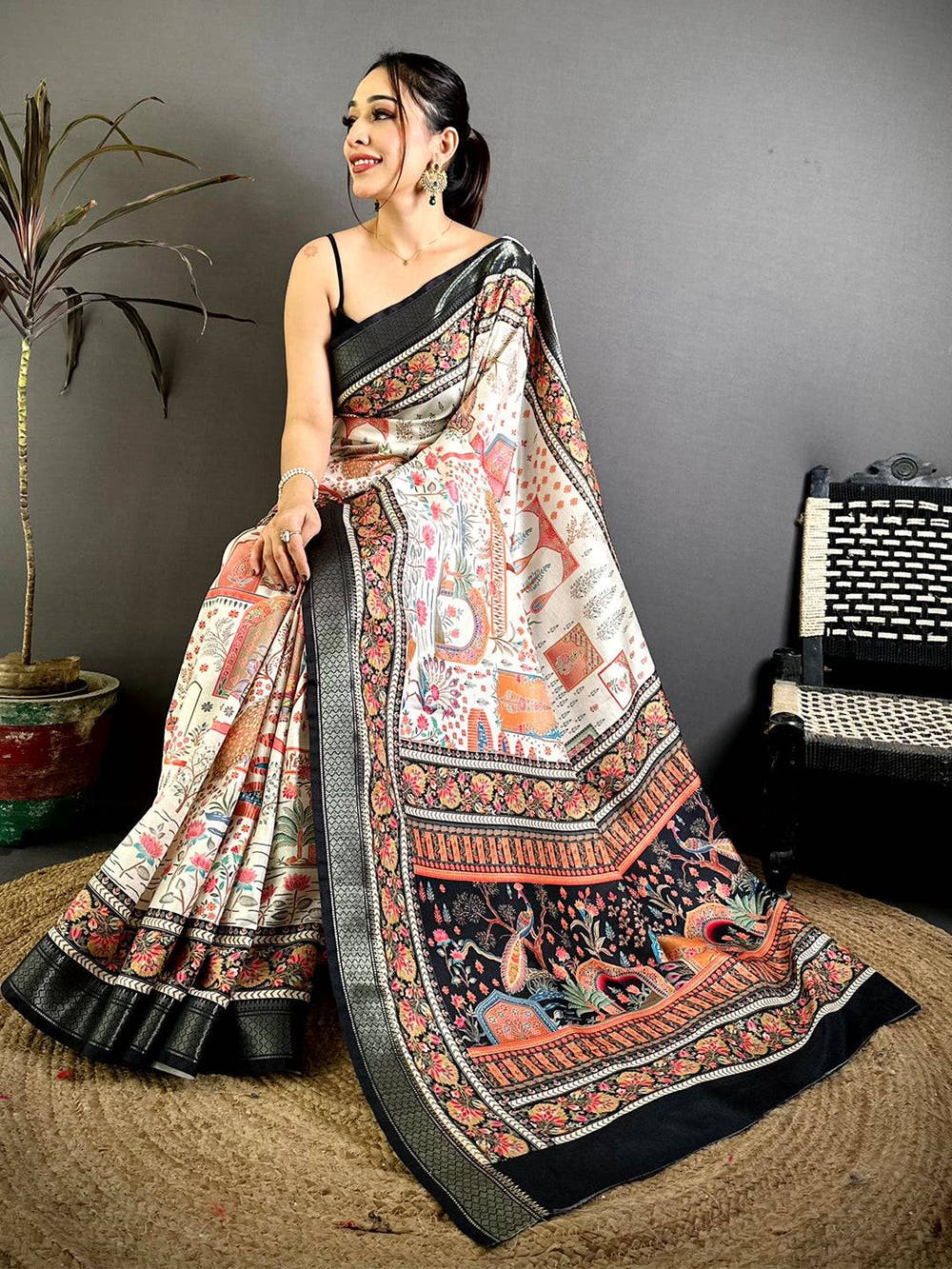 Stylish Pashmina Printed Zari Border Saree