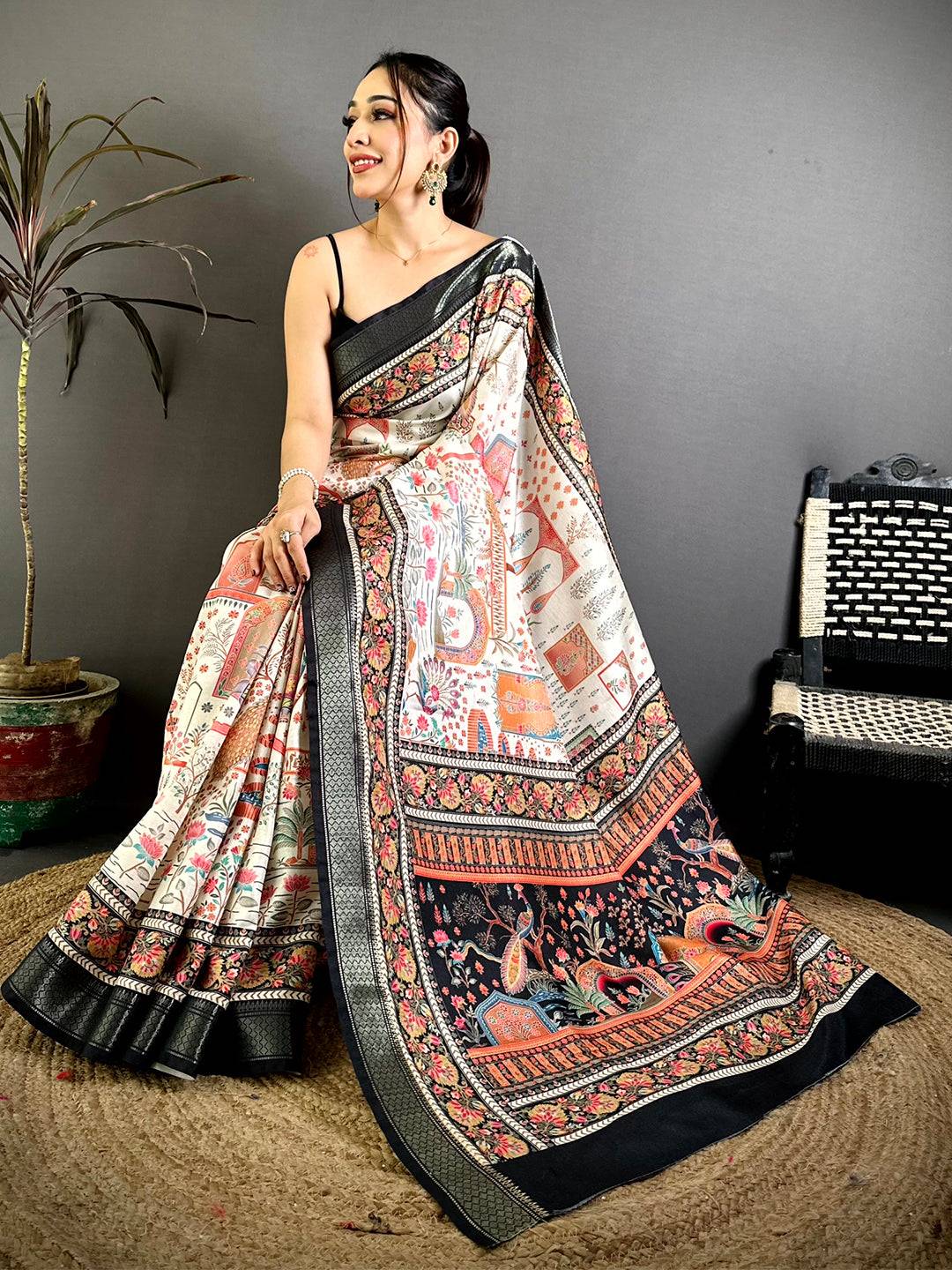 Stylish Pashmina Printed Zari Border Saree