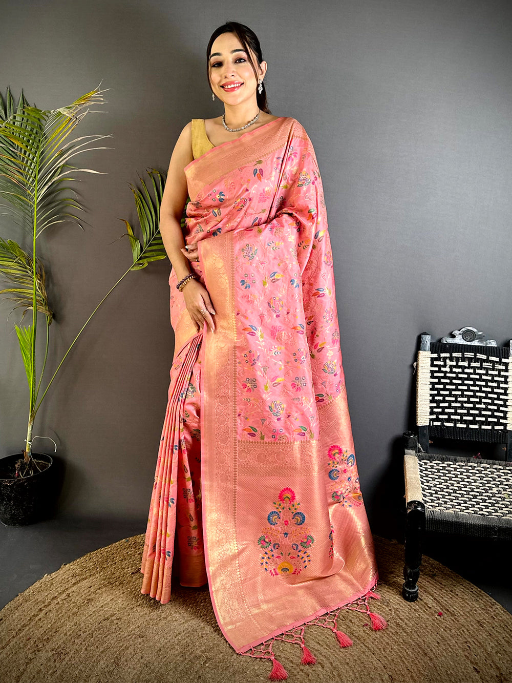 Pink Banarasi Minakari Floral Silk Saree
