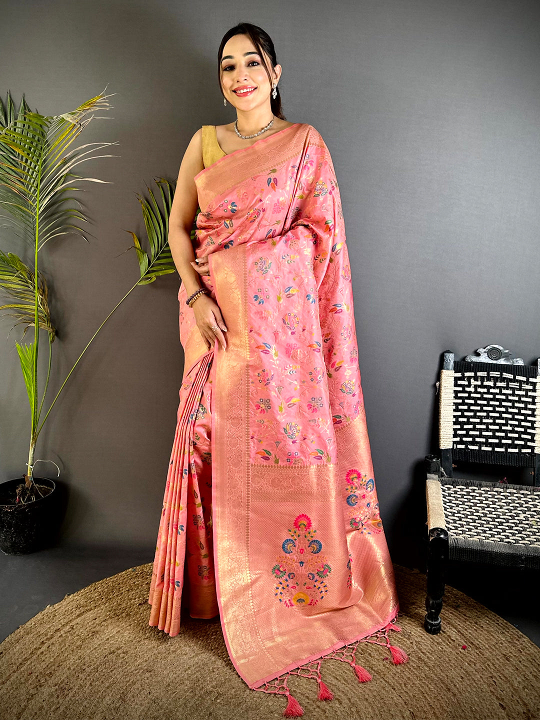 Pink Banarasi Minakari Floral Silk Saree