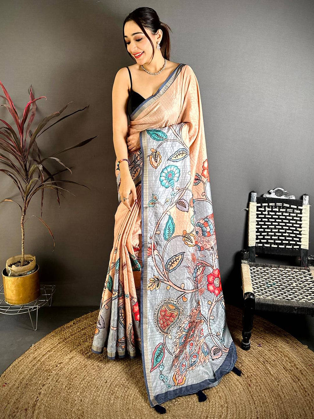 Tradition Tussar Ghicha Kalamkari Saree