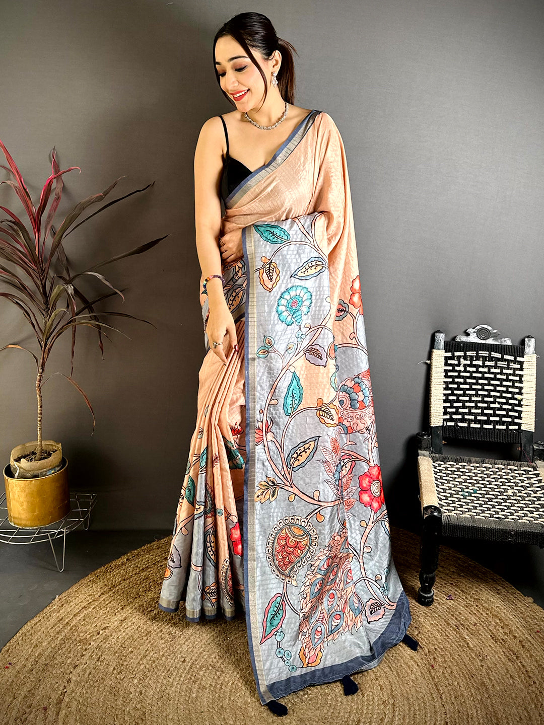 Tradition Tussar Ghicha Kalamkari Saree