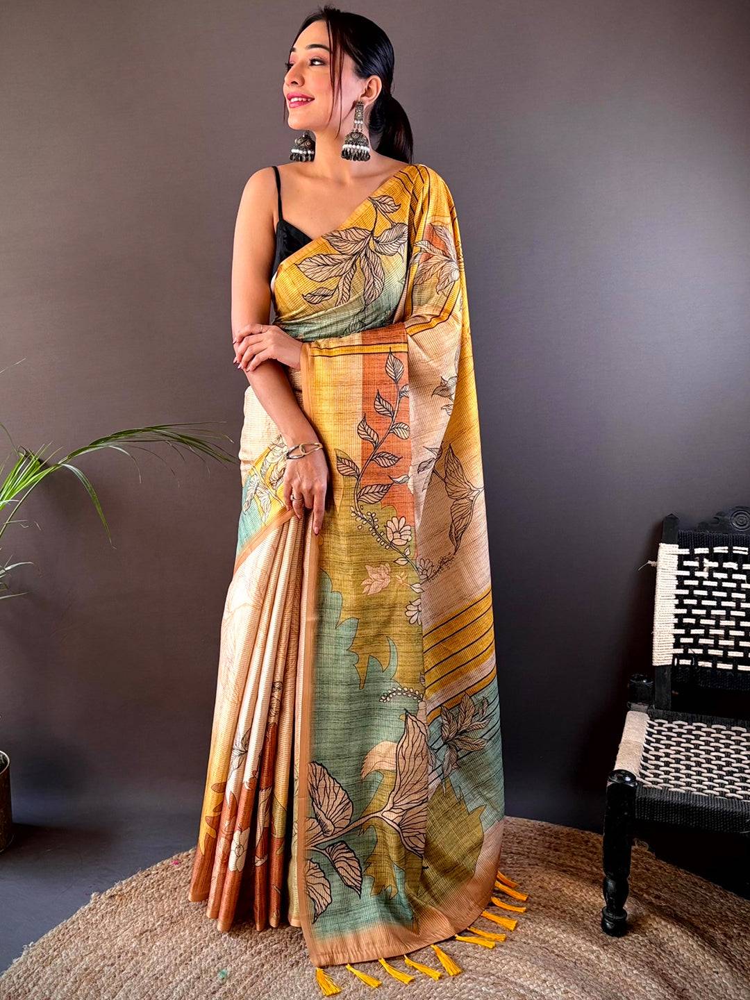 Yellow Abstract Floral Zari Tussar Saree

