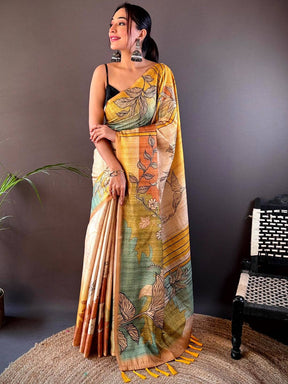 Yellow Abstract Floral Zari Tussar Saree

