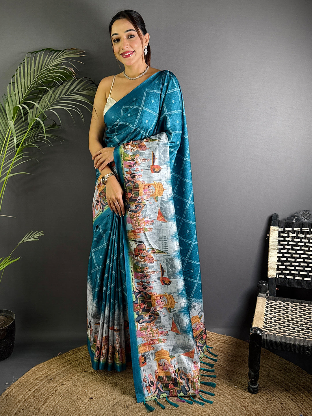 Teal Kalamkari Digital Printed Saree