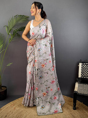 Light Grey Soft Kota Floral Print Saree