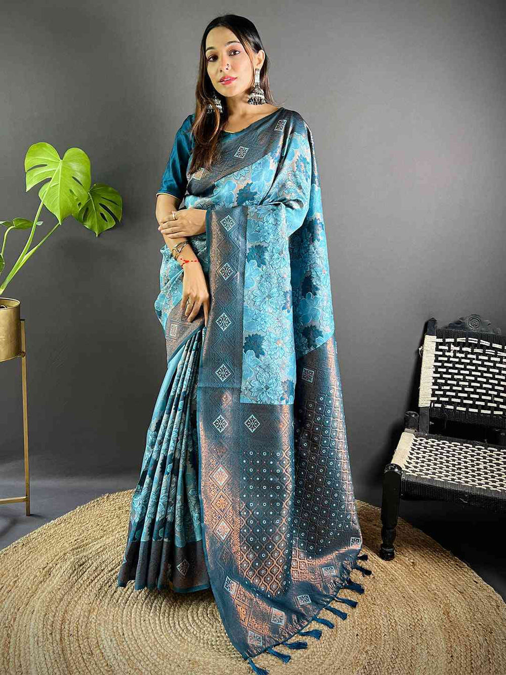 Front view of Sky Blue Soft Silk Butta Weaving Saree