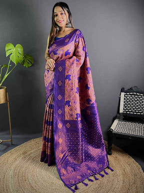 Full view of violet soft silk butta weaving saree.