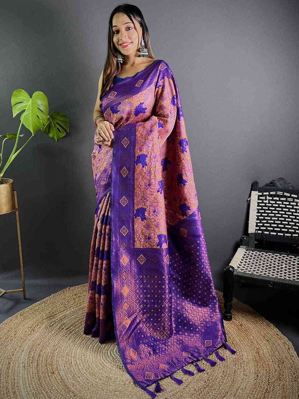 Full view of violet soft silk butta weaving saree.