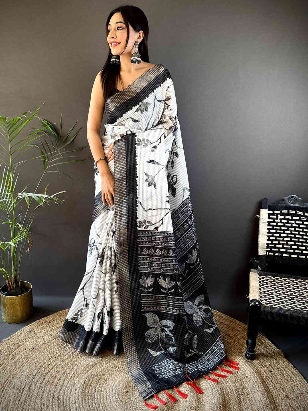 Kalamkari Black Check Tissue Chanderi Saree