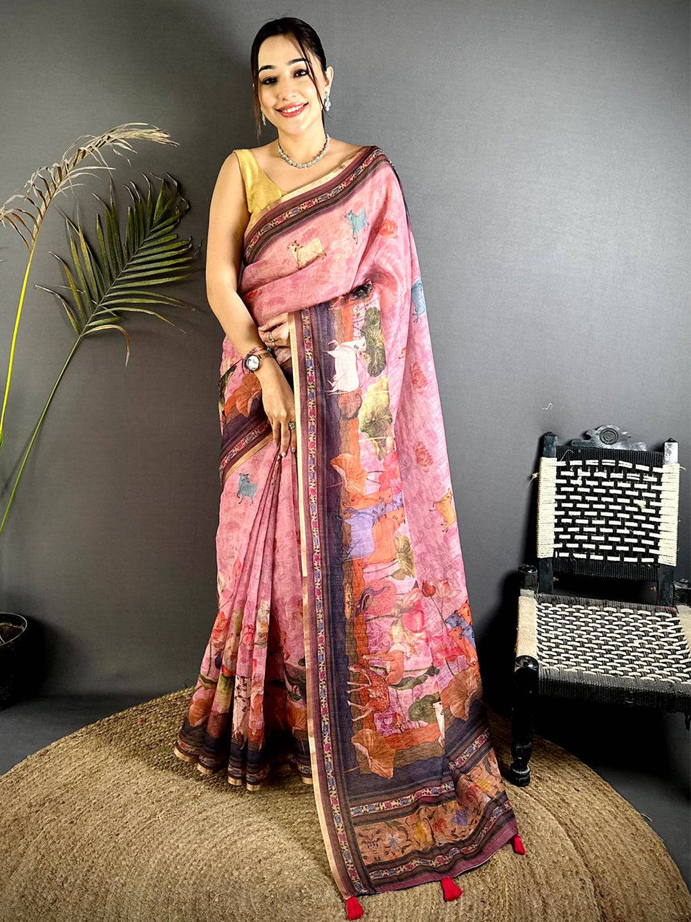 Pink Pichwai Kalamkari Linen Saree