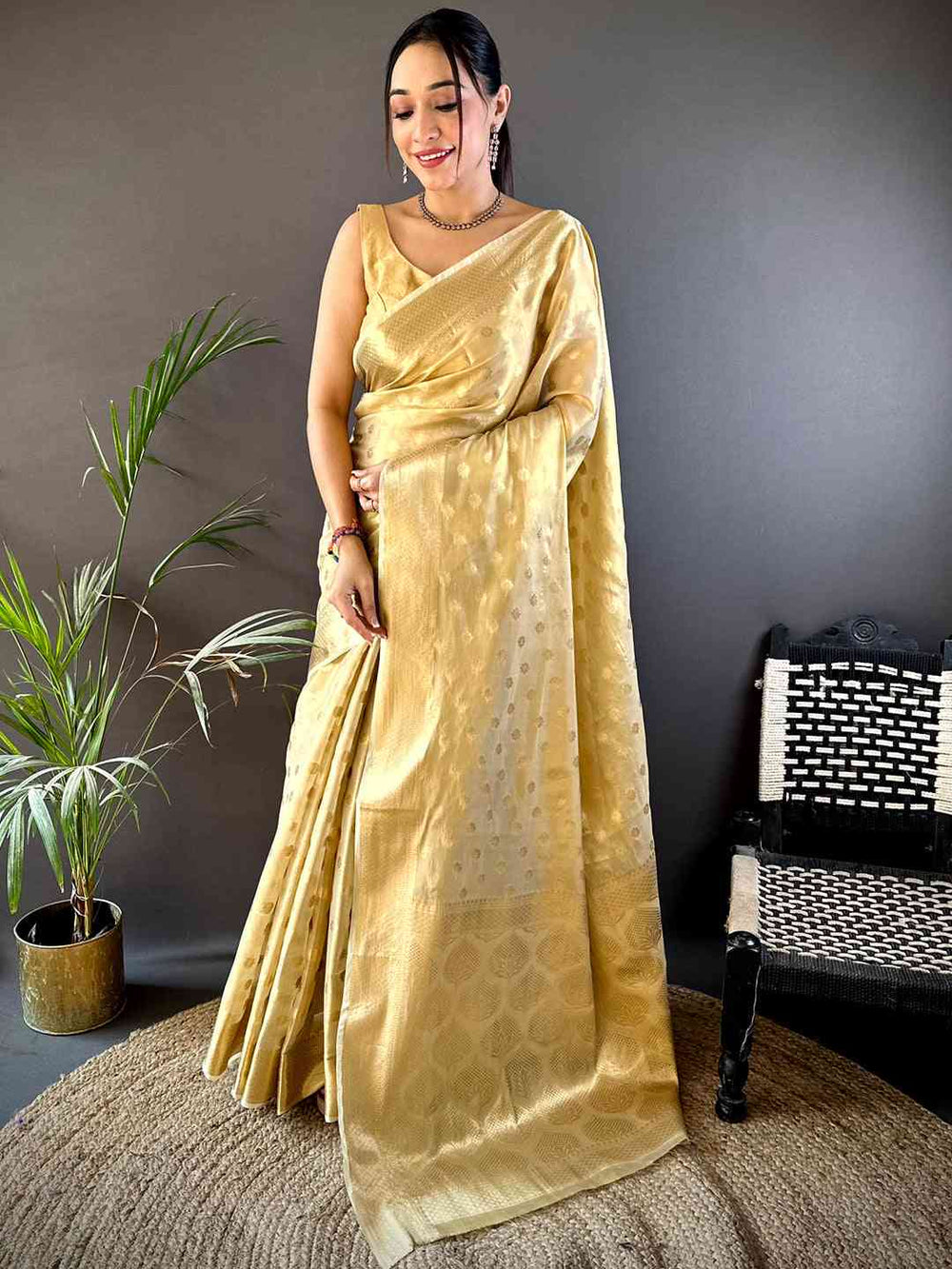 Elegant Gold Zari Glass Tissue Saree