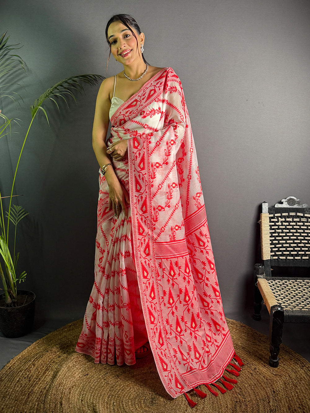 Red Cotton Silk Dhakai Jamdani Saree