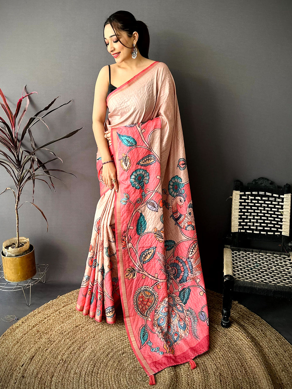 Majestic Tussar Ghicha Kalamkari Saree