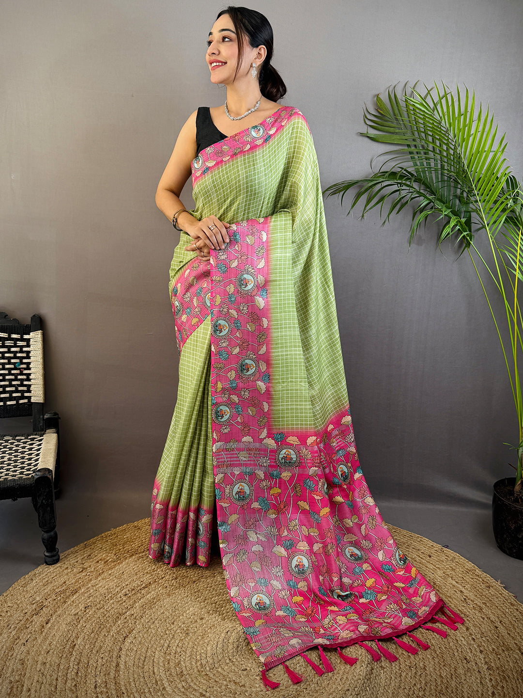 Mint Green Linen Kalamkari Print Saree