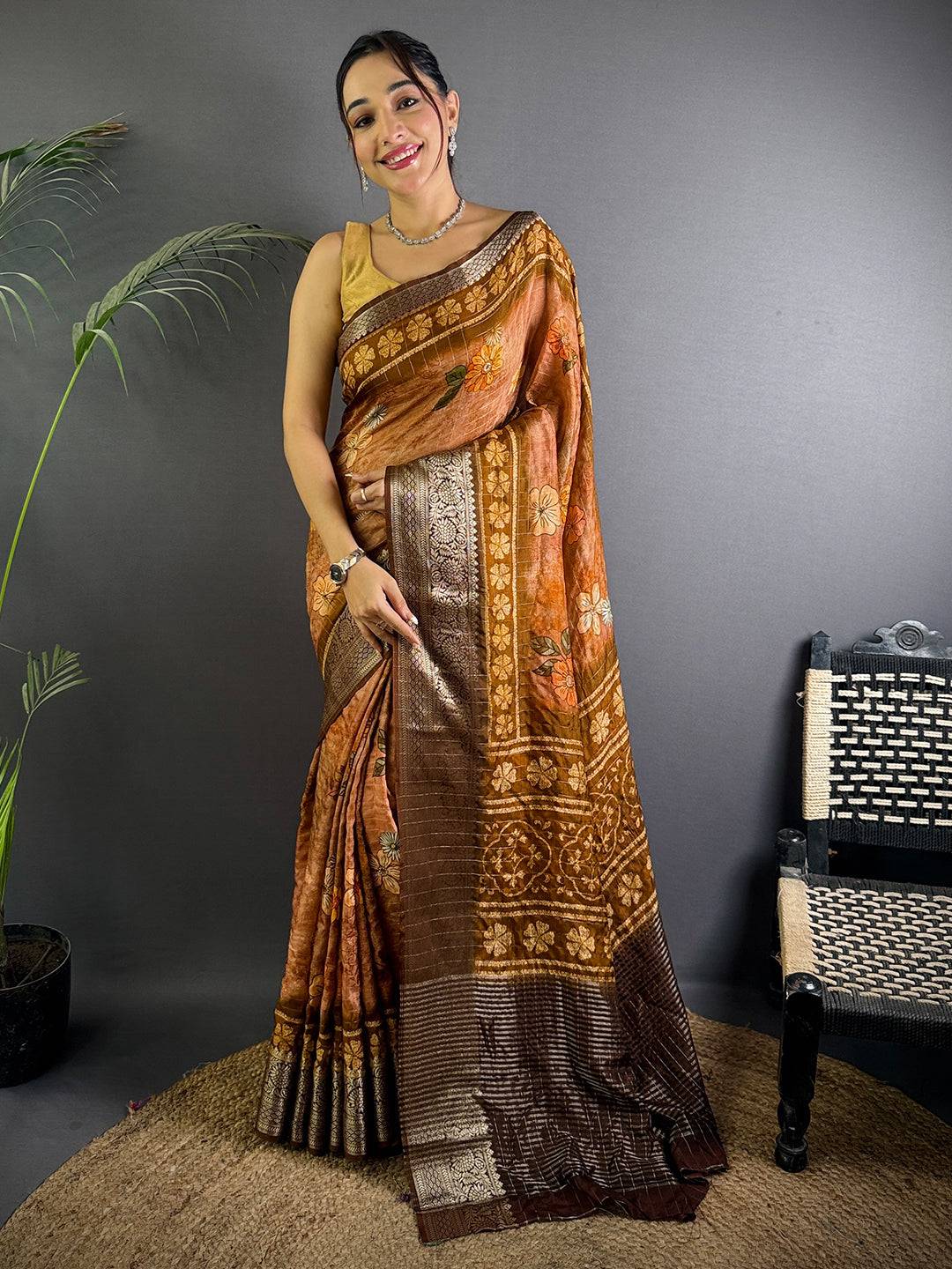 Copper Pure Viscose Floral Printed Saree