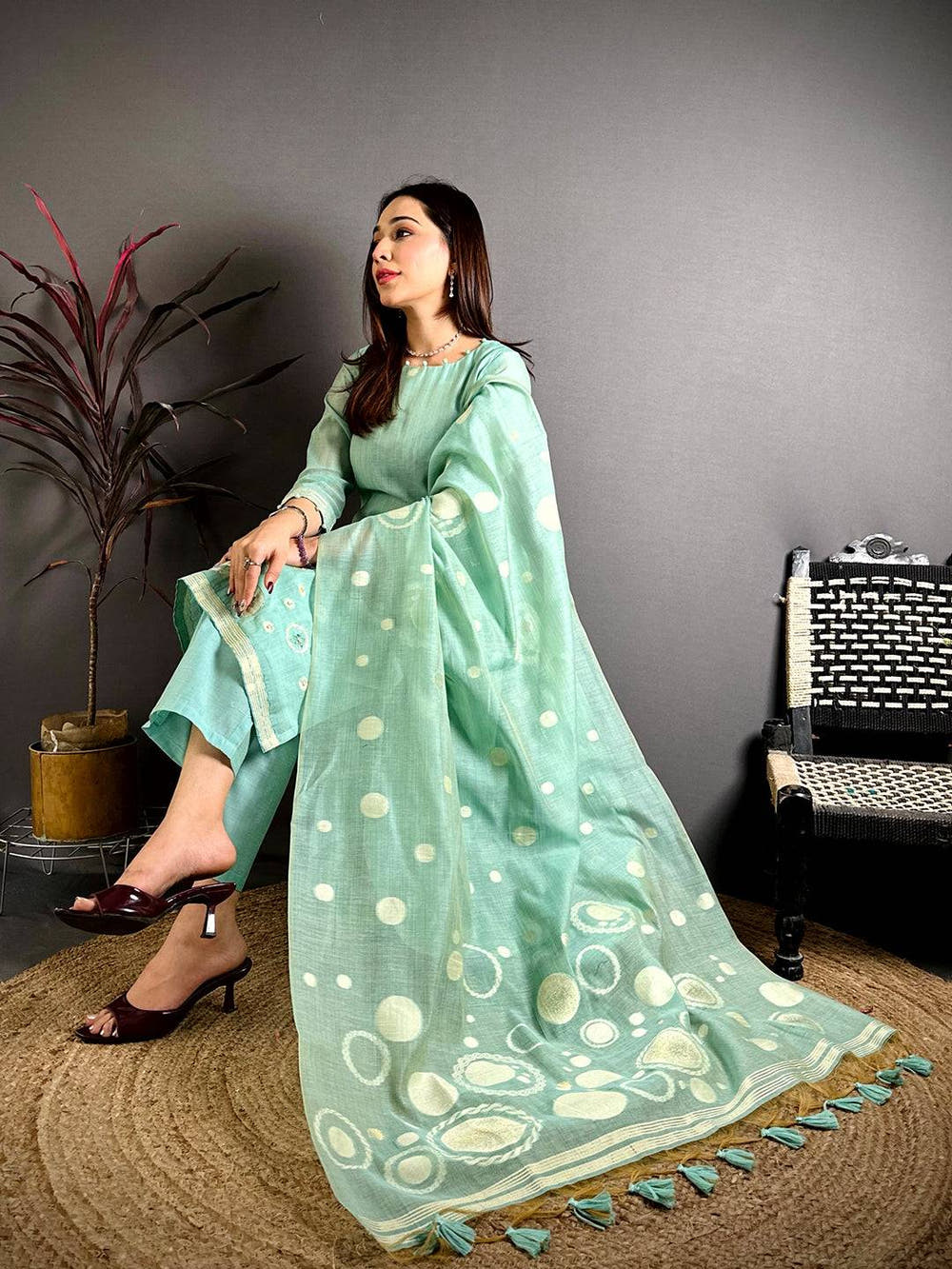 Mint Aura Floral Handwork Suit Set
