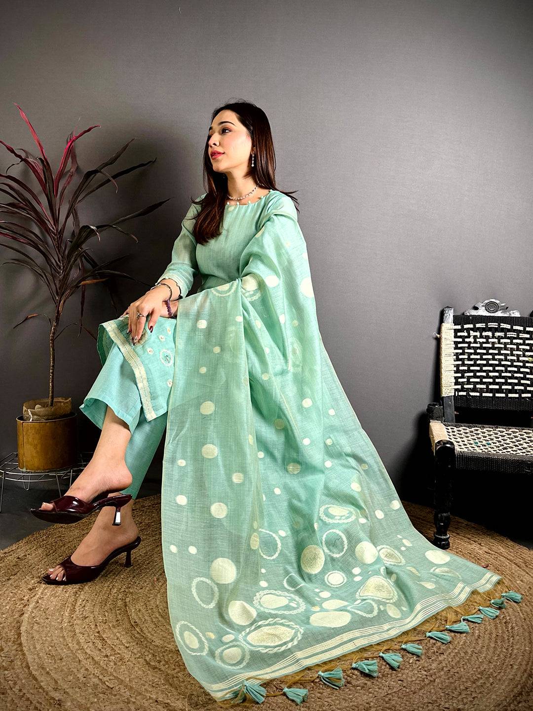 Mint Aura Floral Handwork Suit Set