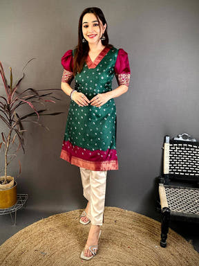 Green Soft Dola Silk V Neck Kurti