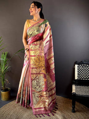 Burgundy Tussar Silk Floral Prints Saree