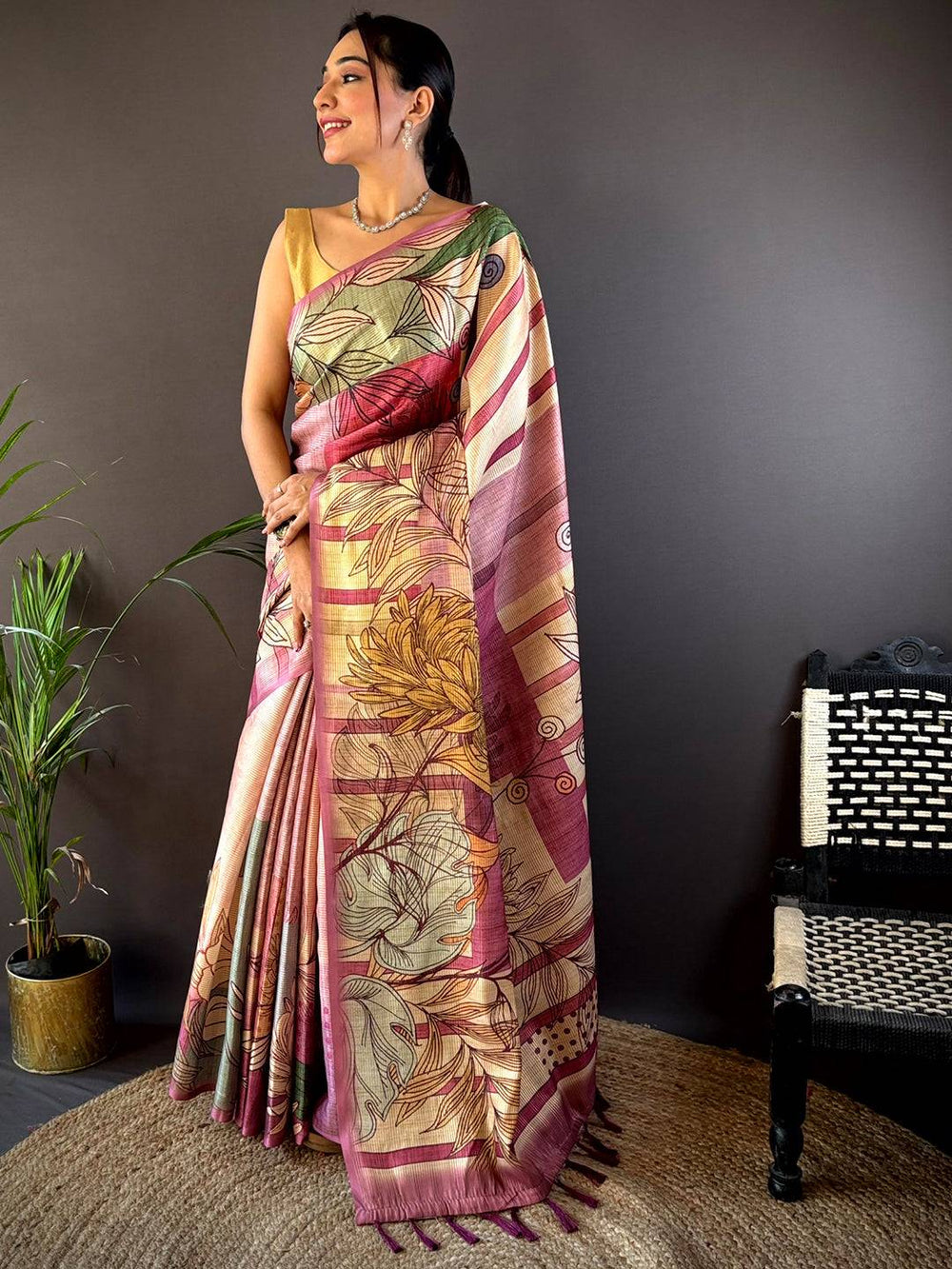 Burgundy Tussar Silk Floral Prints Saree