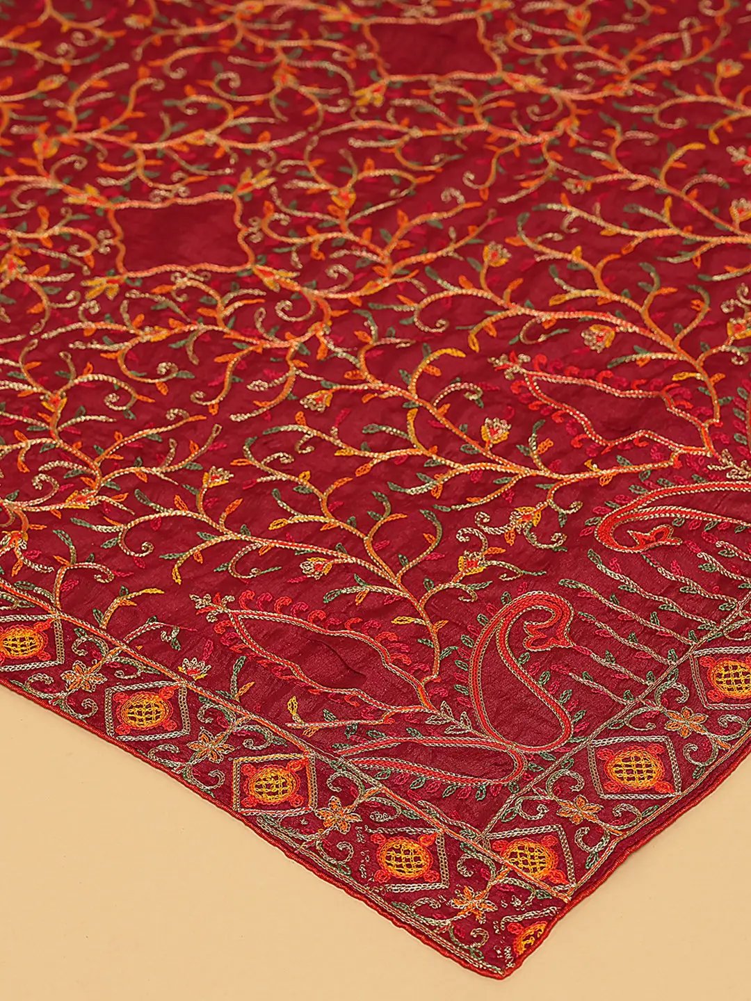 Close-up of Threadwork on Wine Poly Chiffon Dupatta