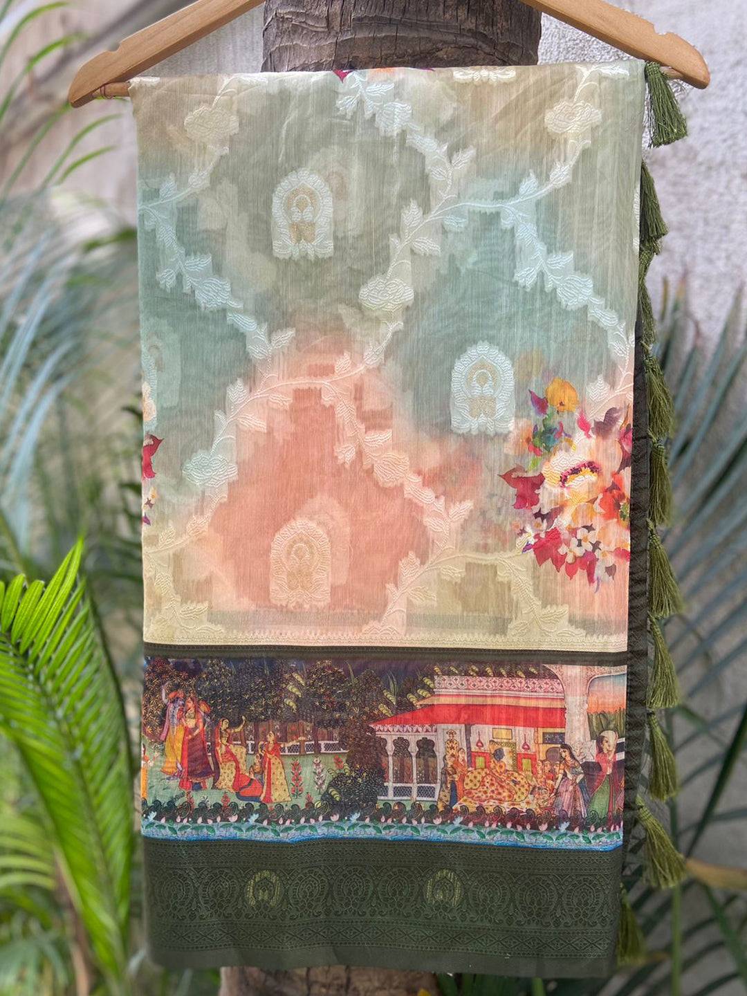 Green Lakhani Kalamkari Print Saree with rich pallu
