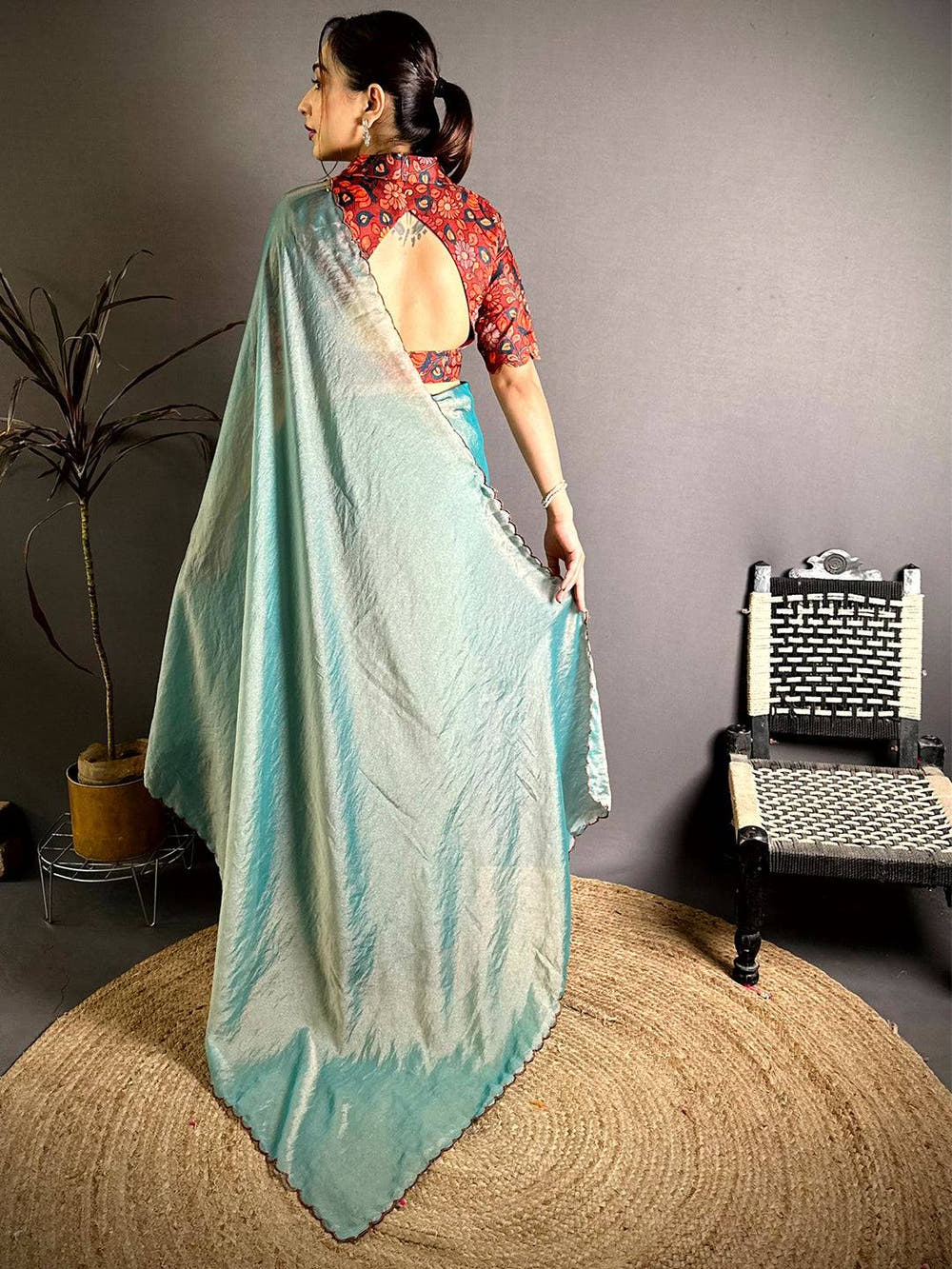 Vibrant Contrast Printed Blouse Silk Saree
