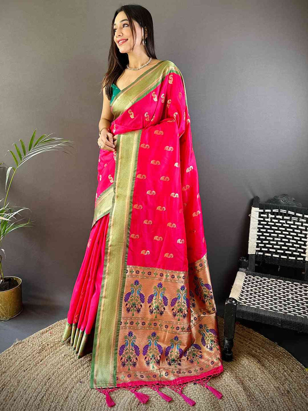 Exquisite Yevla Paithani Minakari Work Silk Saree in Pink Colour