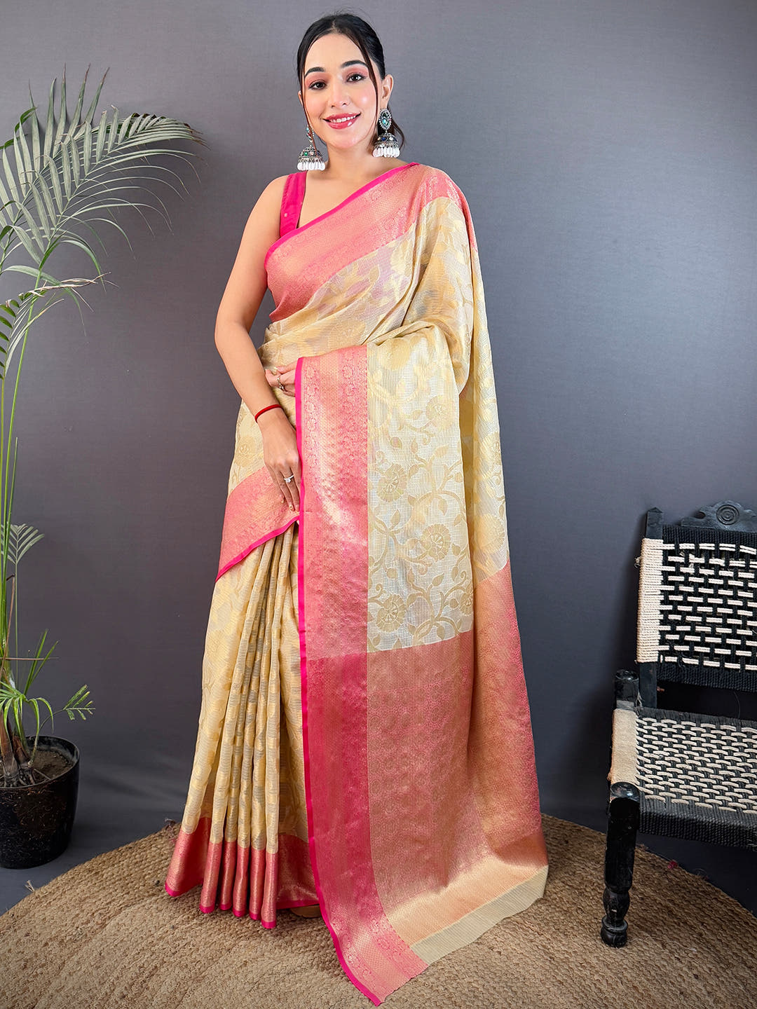 Radiance Kota Kora Gold Zari Saree With Maggam Blouse